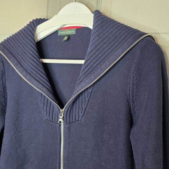 Ralph Lauren Navy Blue Full Zip Cardigan Sailor Collar Ribbed Sweater Sz Large - Picture 3 of 9